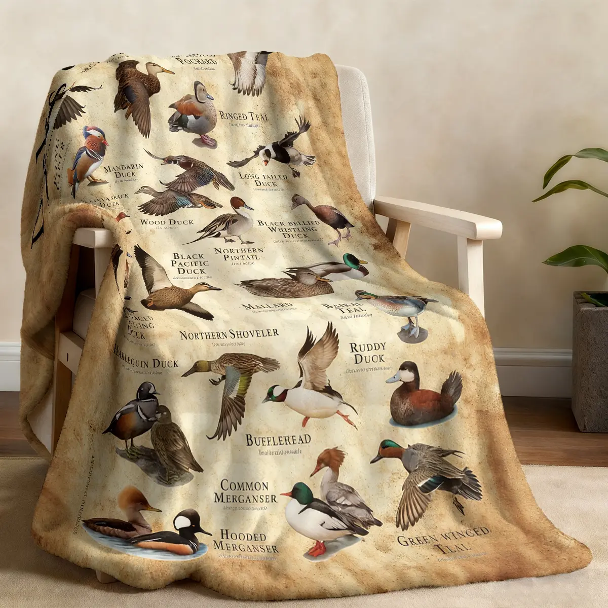 1 piece of retro mallard themed blanket, covered with a variety of ducks such as mallard, merganser, Soft and comfortable prints for boys and girls, living room sofa cover blanket, camping blanket, Soft Comfy Blanket, Animal Blankets