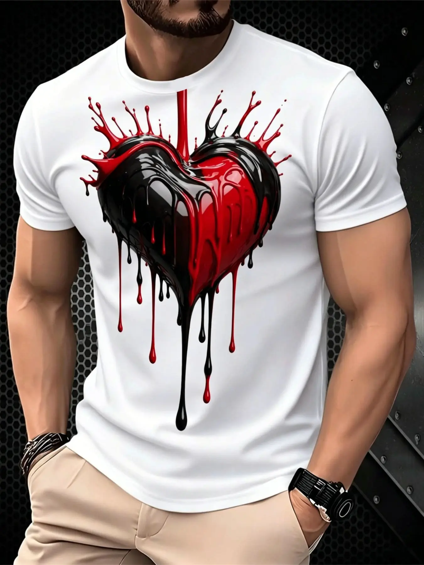 Men's Printed T-Shirt - Black/Gradient Multi-color Trendy Top, Round-neck Short-Sleeved T-shirt, suitable for daily wear, casual gatherings, fashionable gradient style, machine washable