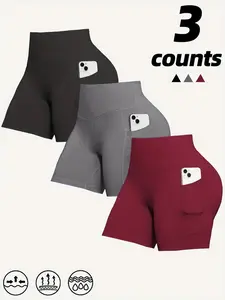 3pcs Women's Super Soft Biker Shorts  High-Waist Yoga Shorts with Pockets | Breathable, Butt-Lifting, Stretchy Elastane Fabric | for Women - Ideal for Sports & Summer Fitness Yoga Shorts