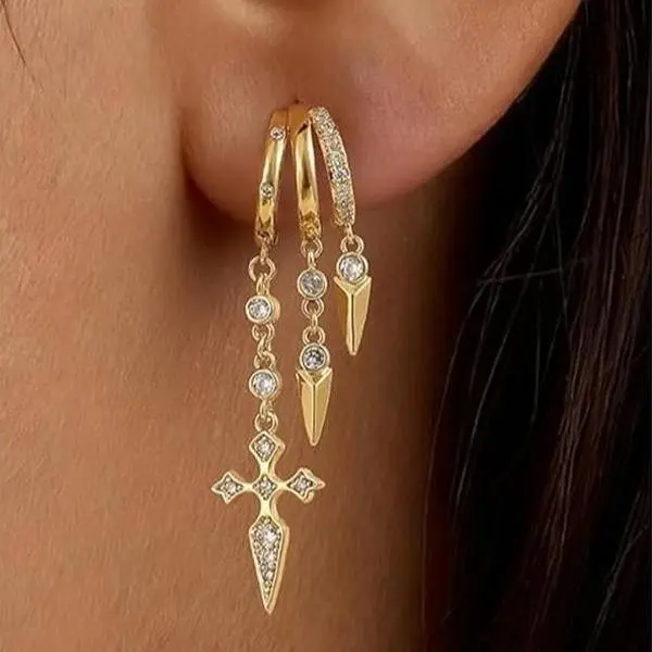 FREEKISS 3 Hoop Illusion Earrings with Zircon, Hypoallergenic Huggie Dangle Earrings for Women, Dainty Cross & Drop Earring Set Gold Silver Jewelry homeessentials