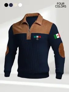 Mexican Flag Colorblock Half-Zip Men's Shirt, Emblem Print Casual Polo, Long Sleeve Fitted Fashion Top for Mexican Culture Lovers, Patriotic Polo Shirt
