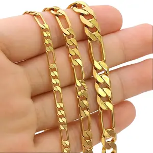 3 Pack Figaro Chains for Men Women 14K Gold Flat Cuban Link 3 Tight - 1 Loose Weave Necklace Width 6.5+8+10mm Set, Length 20/24” Optional with Lobster Clasp