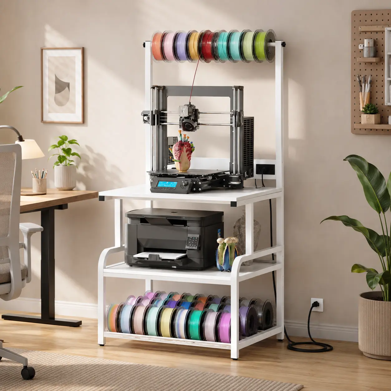 Homieasy Sturdy 3D Printer Stand Filament Storage Rack with Charging Station, Heavy Duty 3D Printer Table with 4-Tier Storage Shelves for PLA, ABS, PETG, Large Rolling Printer Cart with Filament Storage for Office, Workshop, Garage
