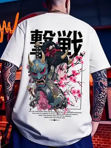 Japanese Traditional Attack Samurai & Hannya Mask T-Shirt, 100% Cotton Cherry Blossom Graphic Tee, Casual Fitted Long Sleeve Top for Samurai Enthusiasts