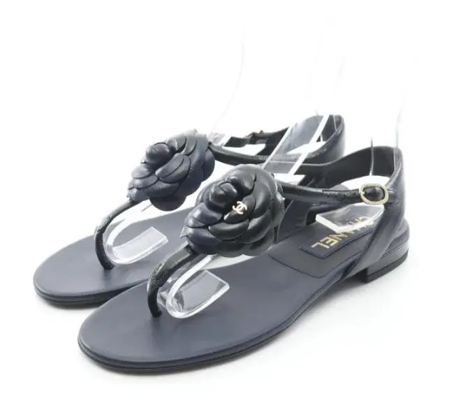 Pre-owned CHANEL Camellia Coco mark Sandals Leather Black Dark navy