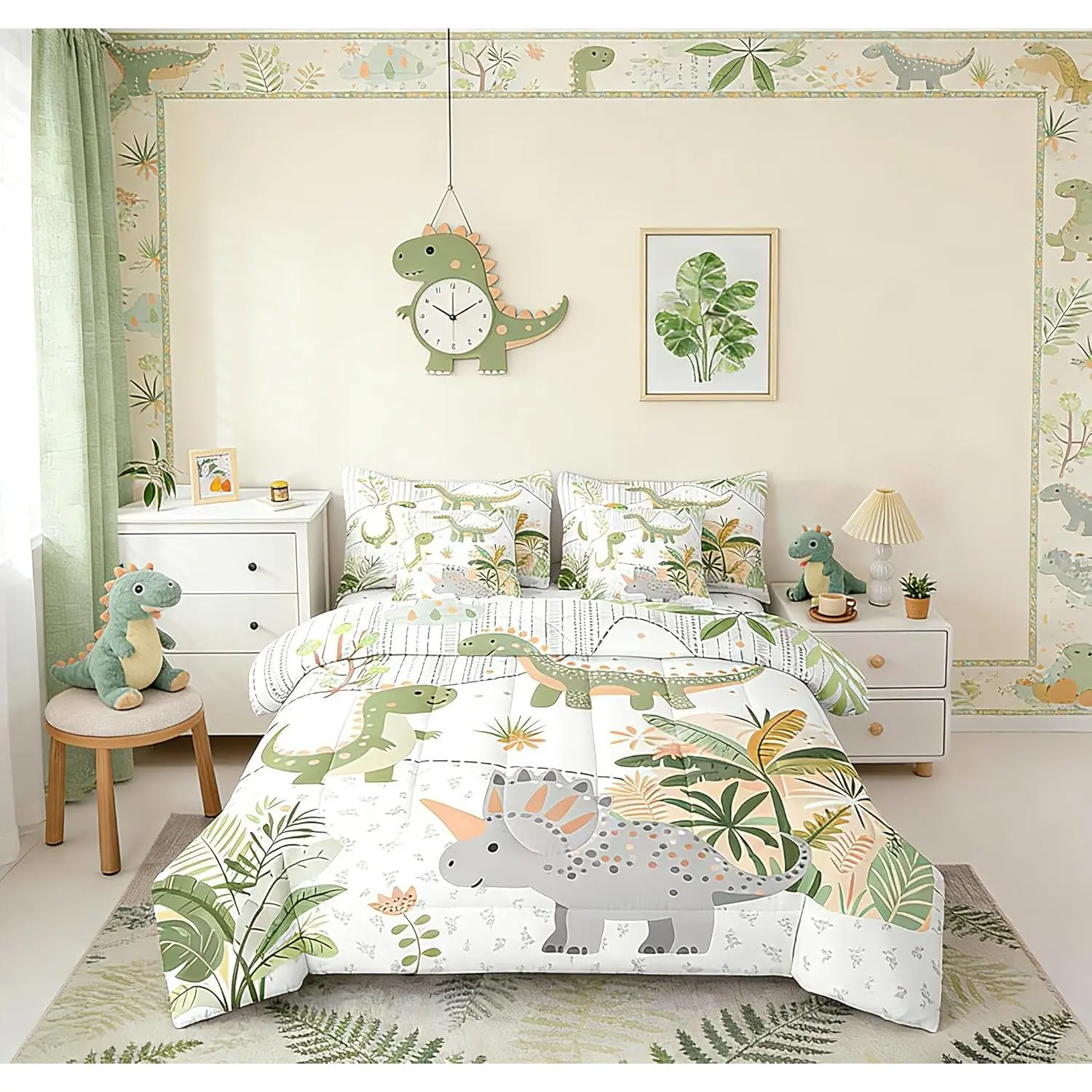 Kids Cute Dinosaur 7 Piece Bedding Set Cartoon Green Dinosaur Comforter Set with Sheets Cute Animal Bed in a Bag Coconut Plant Bed Set