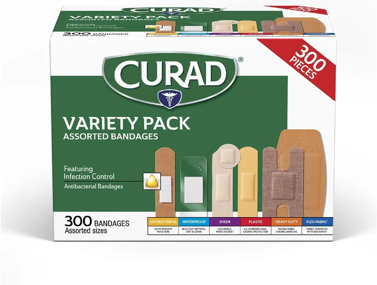 CURAD Assorted Bandages Variety Pack - 300 Count, Includes 6 Styles: Antibacterial, Waterproof, Sheer, Plastic, Heavy Duty & Flex-Fabric, Latex-Free