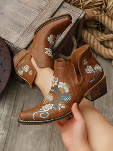 Women's Floral Embroidered Boots, Retro American Design, Perfect for Music Festivals, Vacations, and Travel, Punk Style, All Seasons