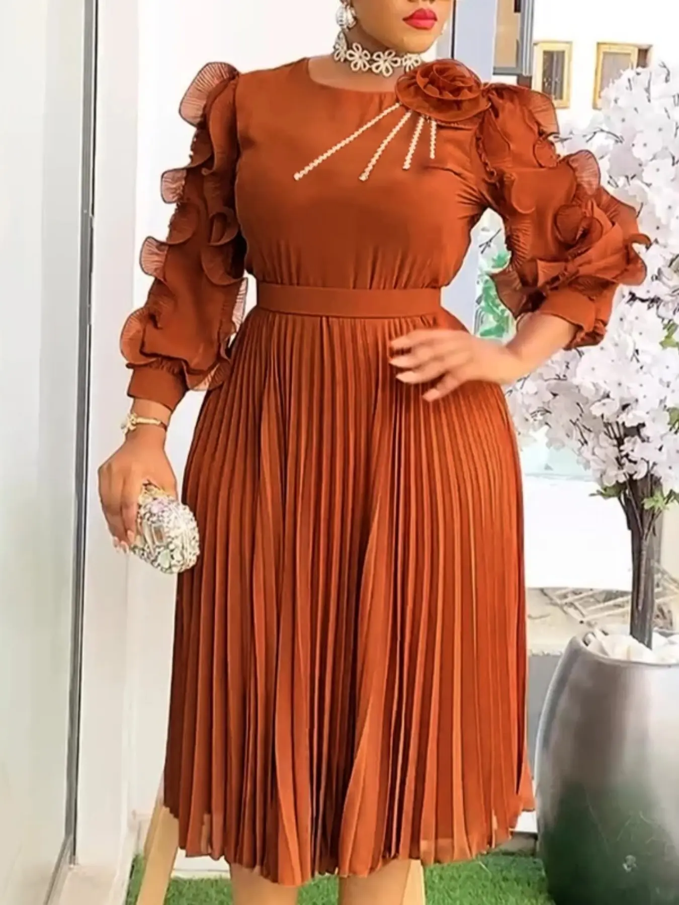 Plus-Size Women's Elegant Retro-Chic A-Line Midi Evening Dress Long Sleeve — Featuring Ruffled Sleeves, Pleated Details, a Round Neckline, and 3D Floral Embellishments — Ideal for Formal Wear Dinners and Parties Dress for Church Womenswear
