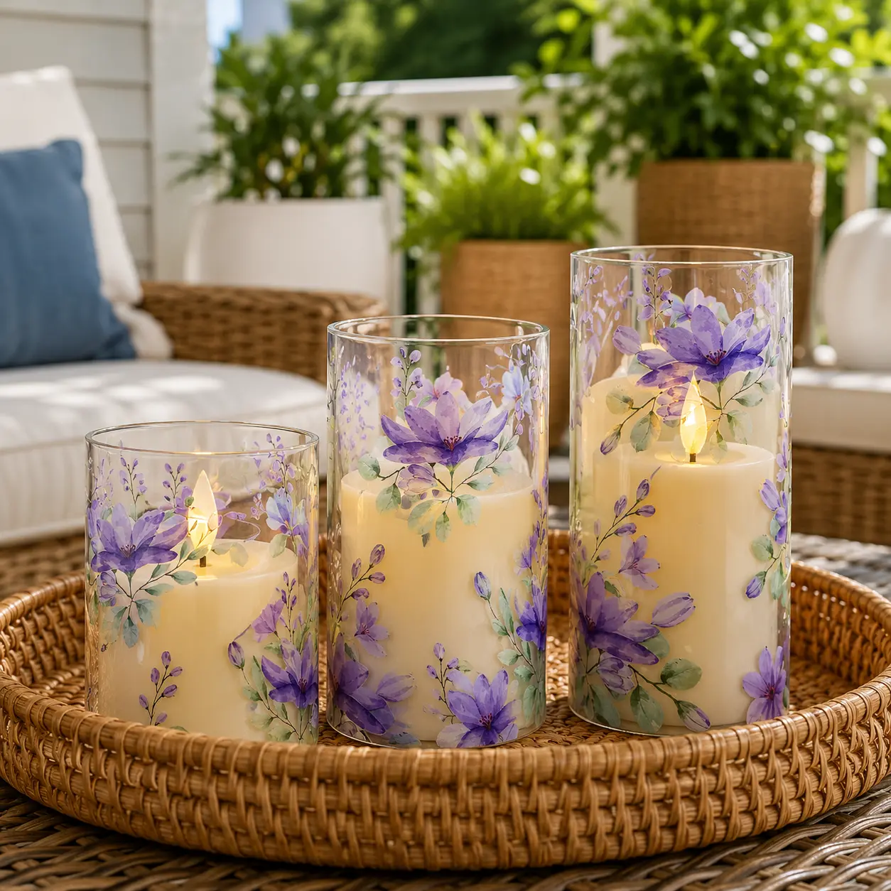 Decorative Glass Candle Holders with Purple Floral Patterns, Multi-Use for Indoors/Outdoors, Elegant Home Decor Accent