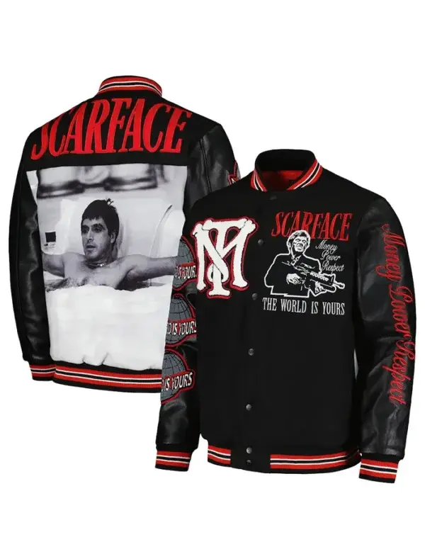 Men's Faux Leather Tony Montana Bomber Jacket - 80s Crime Movie Scarface "The World Is Yours" Black-Red Varsity Letterman Coat