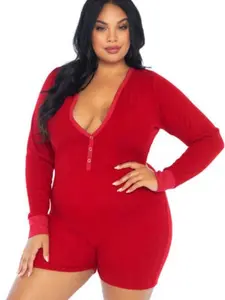 Leg Avenue Sweet Dreams Plus Size Long Johns Romper Ultra-Soft Brushed Rib Fabric Deep-V Front Snap Closures Cheeky Open Back Flap Loungewear Pajamas for Women