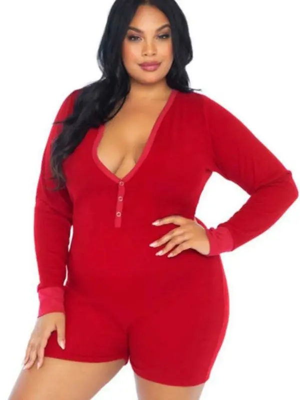 Women's Plus Size ATH Long Johns Romper - Long Sleeve Cotton Loungewear, Brushed Rib Fabric Snap Closure Slumber Party Pajamas with Deep-V Neck & Cheeky Back Flap Overalls