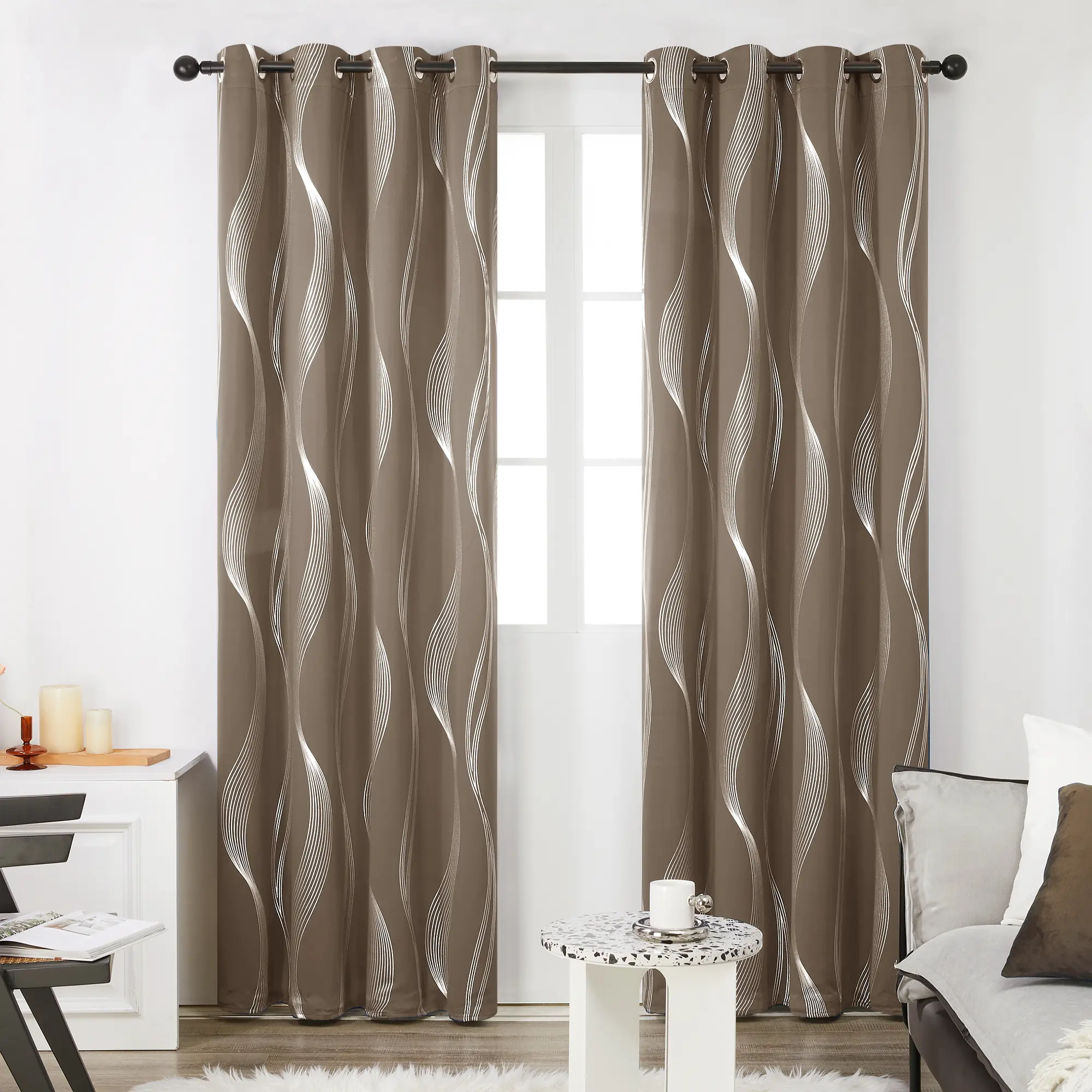 Deconovo Dark Grey/Silver Wave Stripe Blackout Window Drapes 2-Panel Set - Polyester Edits, Energy-Saving Thermal Acoustic Curtains for Living Room, Bedroom (Do Not Bleach), Wave Stripes