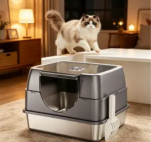 Hooded Cat Litter Box with Stainless Steel Base, Non-Stick, Rust-Proof, with Scooper