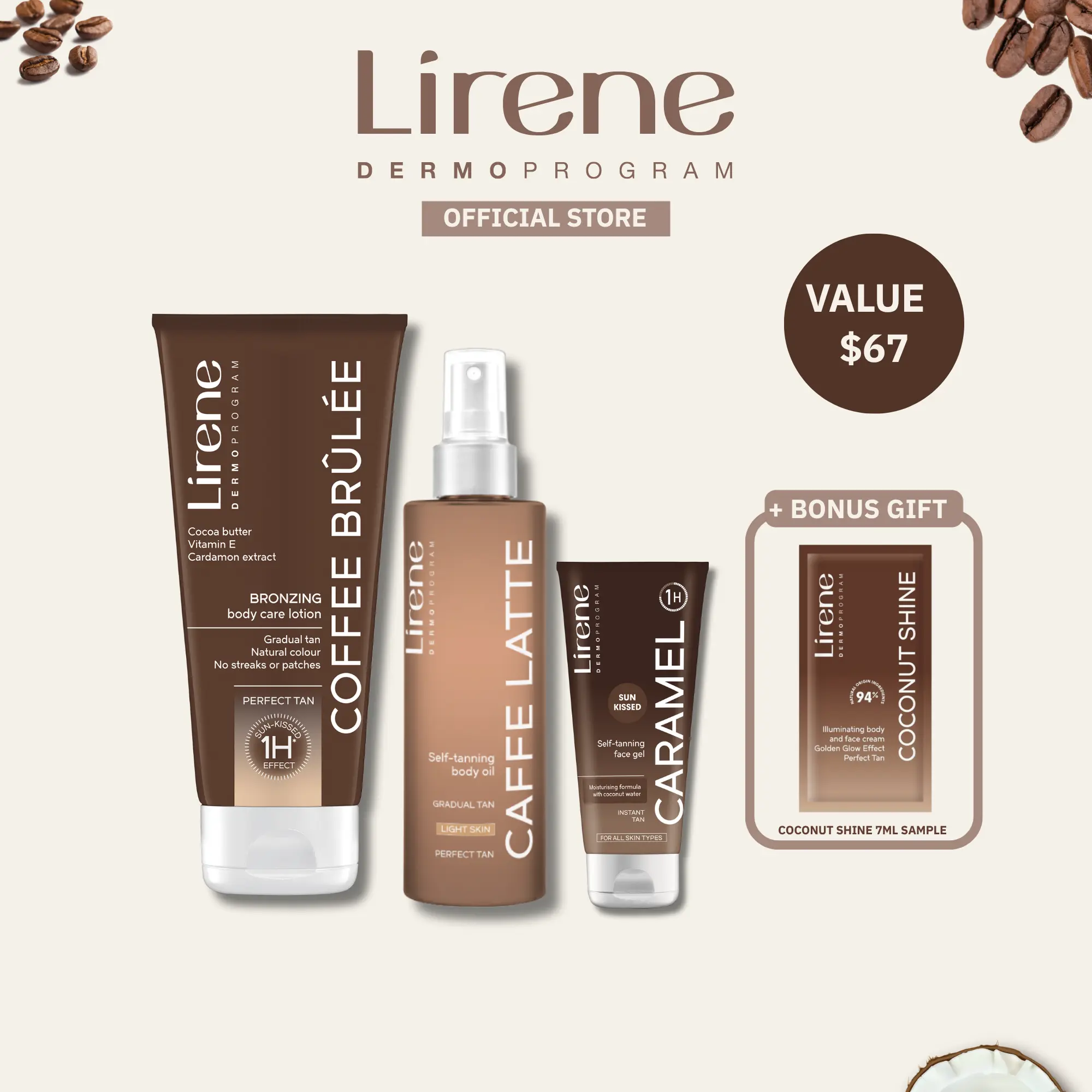 Lirene Sun-Kissed Trio - Bronzing Body Balm, Body Oil & Caramel Glow Balm Set, Gradual Self Tanner for Natural Sun-Kissed Glow, Vegan Tanning Body Care Kit