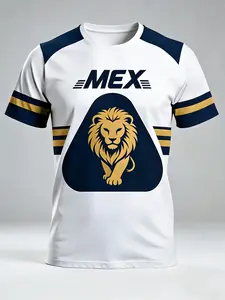 Men's Short Sleeve T-Shirt, Digital Print, Mexican Lion Logo, Casual Sportswear, Athletic Tops, Sports Clothing, Athletic Apparel, Round Neck, Slight Stretch Fabric, All Seasons, Activewear T Shirt