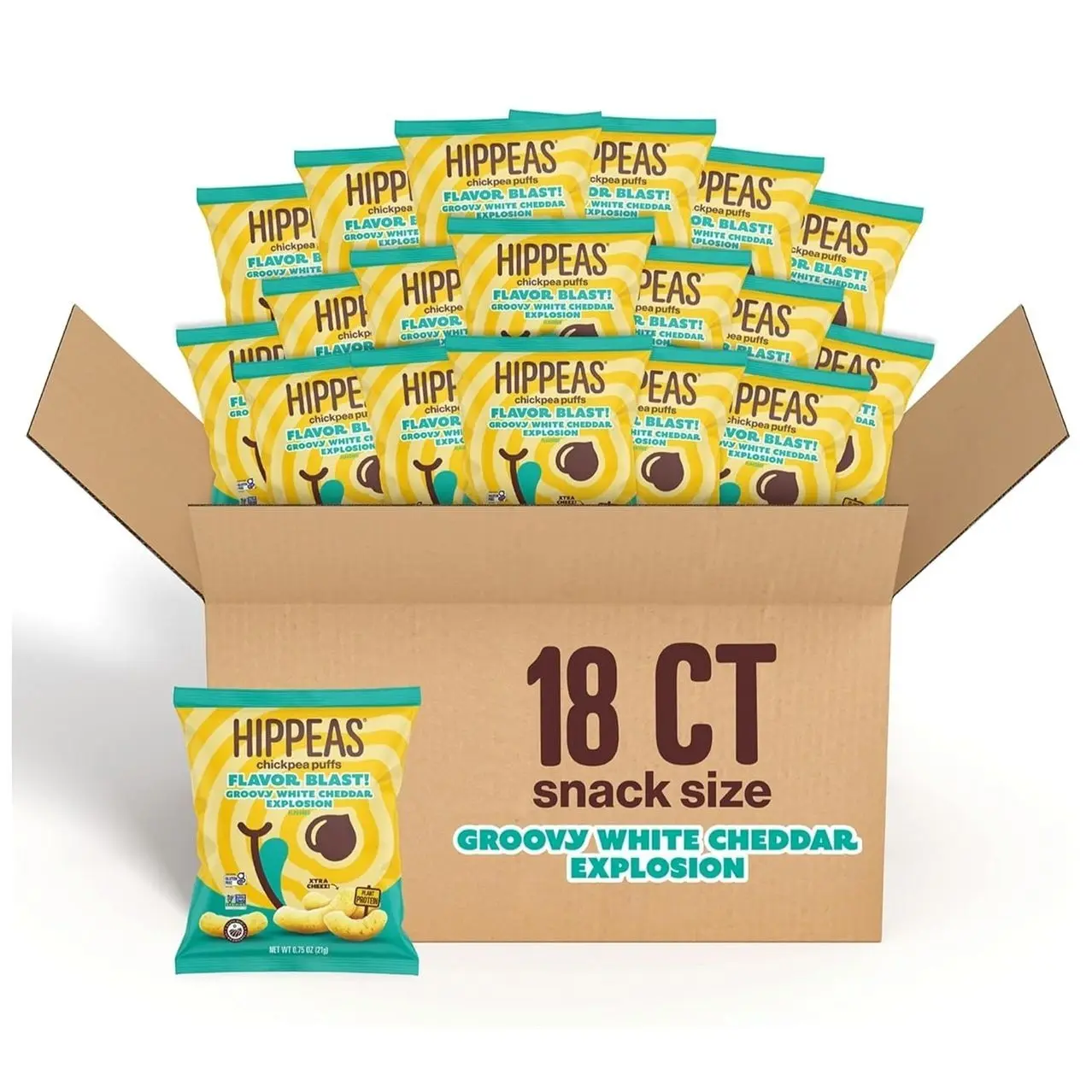 Hippeas Chickpea Puffs, Flavor Blast: White Cheddar Explosion, 0.75 Ounce (Pack of 18), 3g Protein, 2g Fiber, Vegan, Gluten-Free, Crunchy, Plant Protein Snacks