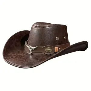 Western Cowboy Hat with Bull Head Buckle Rivets Wide Brim Unisex Spring Summer Fall Outdoor Jazz Hat Brown Leather