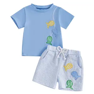 Toddler Baby Boy Fish Outfit Fishing Embroidery Short Sleeve T-Shirt Striped Shorts Set 2Pcs Infant Summer Clothes