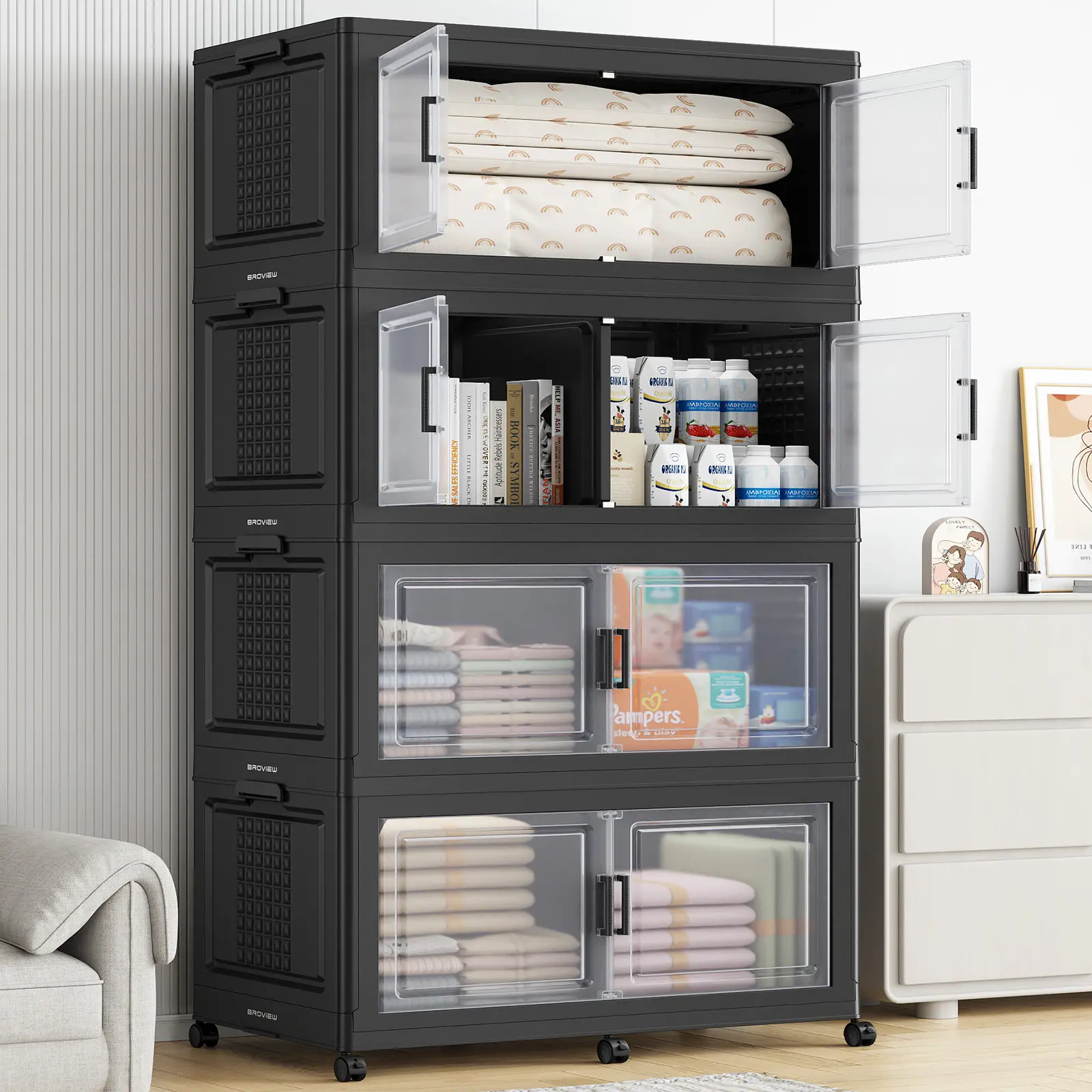 Broview 50Gal/150Gal/200Gal Stackable Storage Bins with Lid & Dividers, Extra Large Collapsible Containers, Plastic Closet Organizers and Storage Cabinet, Multi Compartments, Magnetic Clear Doors & Wheels. Perfect for Home/Closet/Garage,V40