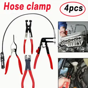 4Pcs Hose Clamp Pliers, Spring Coolant Radiator Hose Clamp Pliers Automotive Tools, Includes Swivel Flat Band Hose Clamp Pliers, Long-reach Cabled Hose Clamp Plier, Vice Grip, Hose Remover Pliers for Automotive Fuel Oil Water Hose, Coolant Radiator Heater