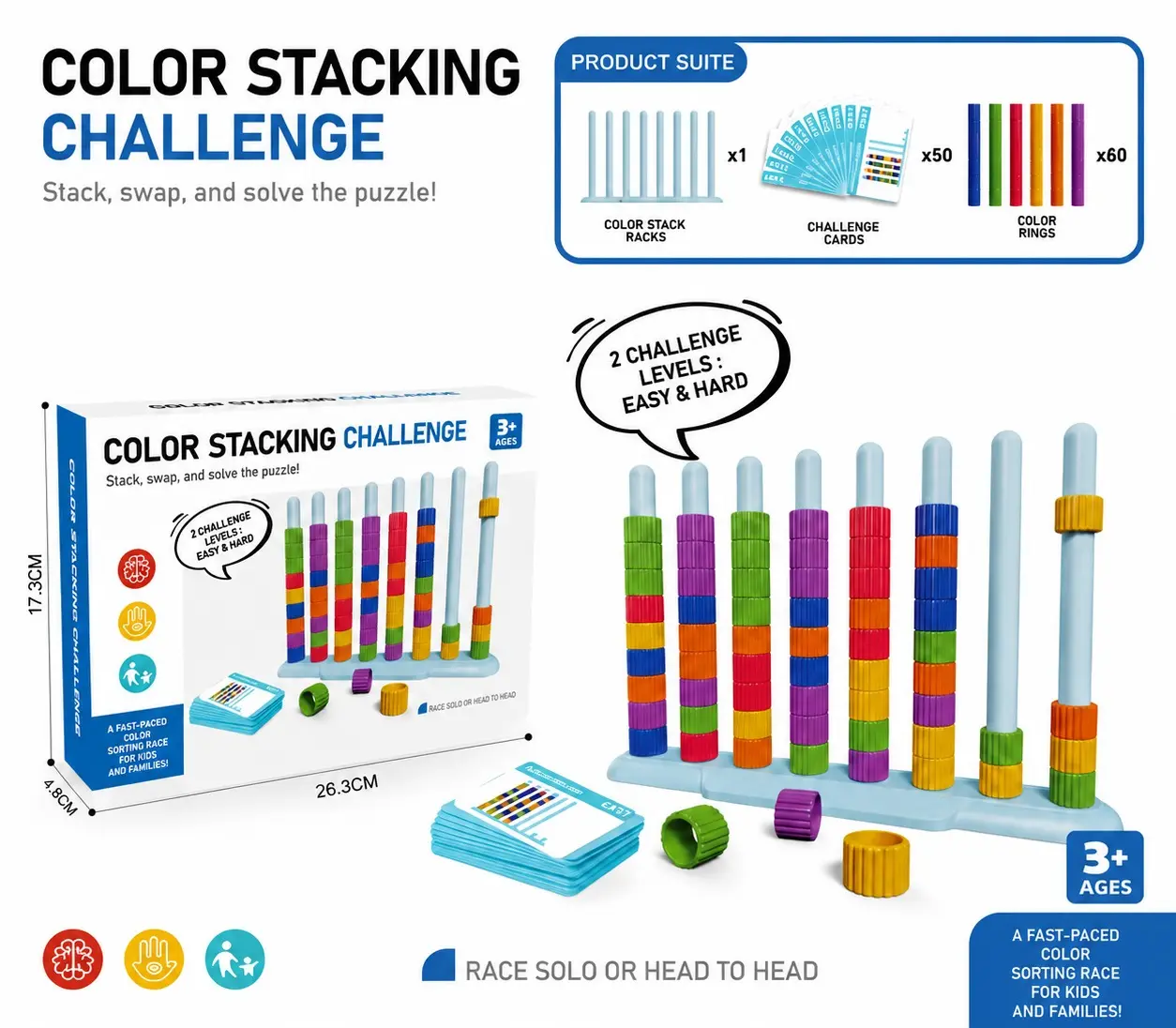 Stacking Game and Brain Teaser Puzzles, Color Ring Tower Logic Challenge for Kids, Teens, and Family Fun with 50 Cards & 80 Rings