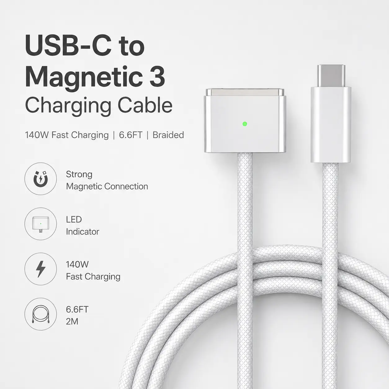 USB-C to Magnetic 3 Charging Cable for MacBook Pro/Air, 140W PD Fast Charging, 6.6FT Braided Charger Cord, Back to School Essentials, Halloween & Christmas Gift