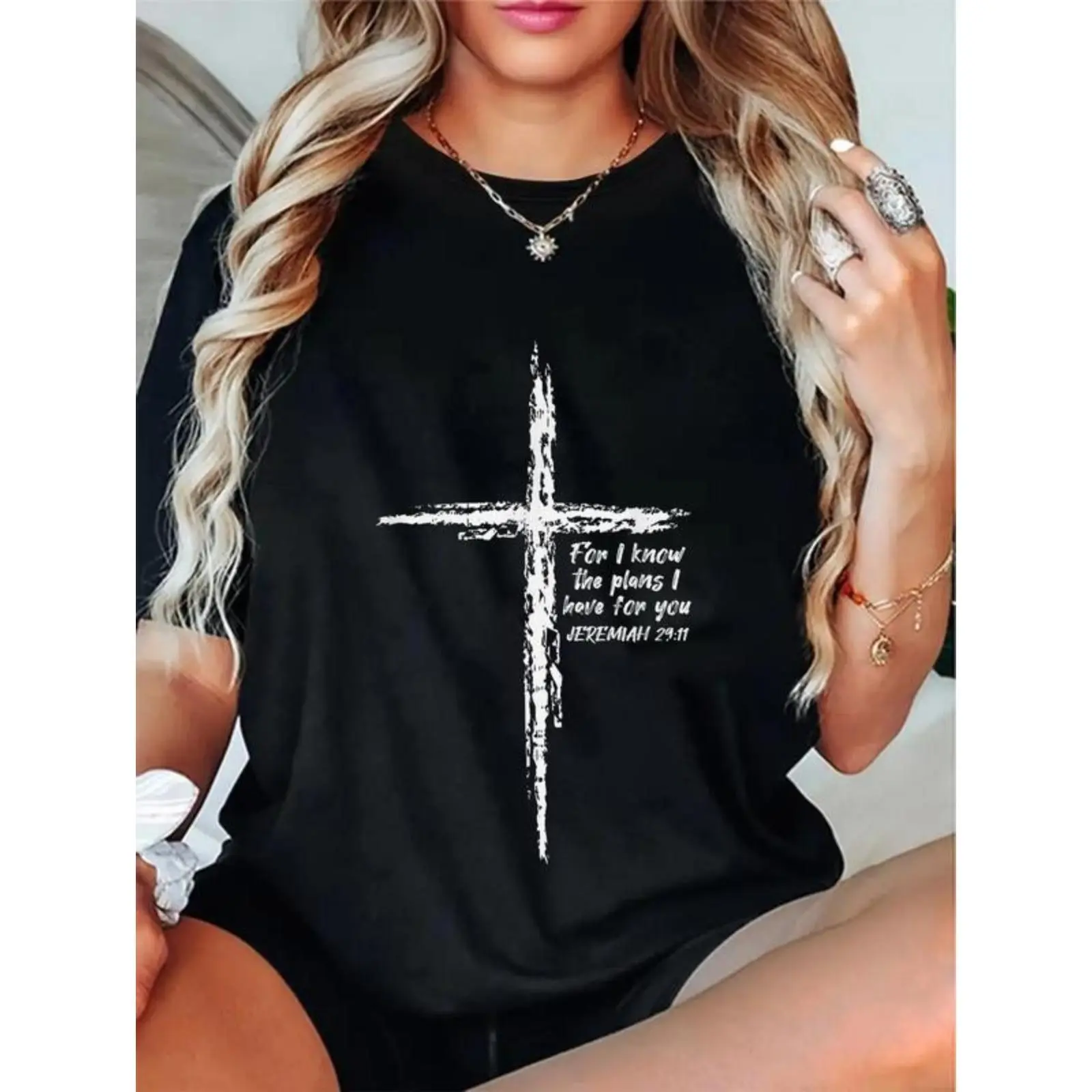 Women's 100% Cotton Short-Sleeve Oversized Christian T-Shirt - Unisex Apparel, I Know The Plans Verse Print, God Jesus Themed, Everyday Casual Fabric Top, Christian Gift
