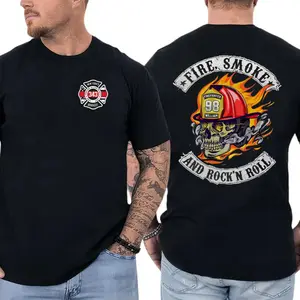 Firefighter "Fire, Smoke, and Rock'n Roll" T-Shirt, Fire Helmet & Skull Graphic, Firefighter Apparel, Firefighter Work Shirt, Gift for Firefighters and Emergency Responders