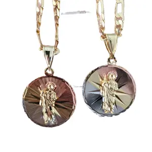 Saint Jude Thaddeus circle pendant with 24" 4mm chain gold plated