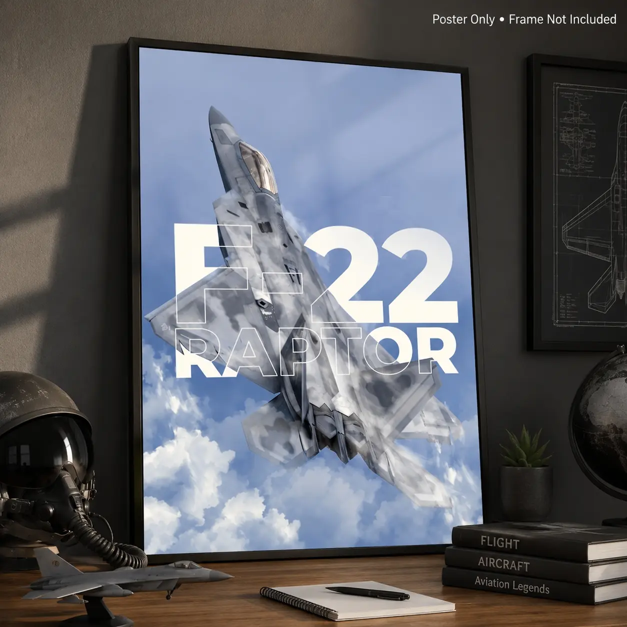 F-22 Fighter Jet Aviation Wall Poster Sticker, Modern Silver Aircraft in Clouds Military Plane Art, HD Waterproof Fade Resistant Self Adhesive Peel and Stick Wall Decor for Boys Bedroom Game Room Office Man Cave, Multiple Sizes