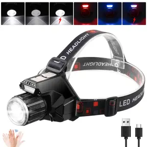 1PC LED Headlamp Rechargeable, Zoomable Tactical Headlight, LED Battery Meter,90° Adjustable Headlight , 6 Lighting Modes＆Motion Sensor, IPX4 Waterproof Head Torch Great for Running, Camping, Hiking