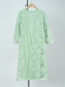 Middle Eastern Muslim Girl Set 2-Piece Satin Dress and Flower Beaded Open Front Abaya, Casual Loose-Fitting, All Seasons