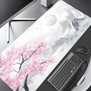 Japanese Cherry Blossom Snow Mountain Design Large Gaming Mouse Pad,Desktop Accessory,Pink and white Aesthetic Desktop Drotection Pad,Washable Rubber Pad Non-Slip Lock Edge Multi-Size Mouse Pad Suitable For Home Office,Good Gift for Family and Friends