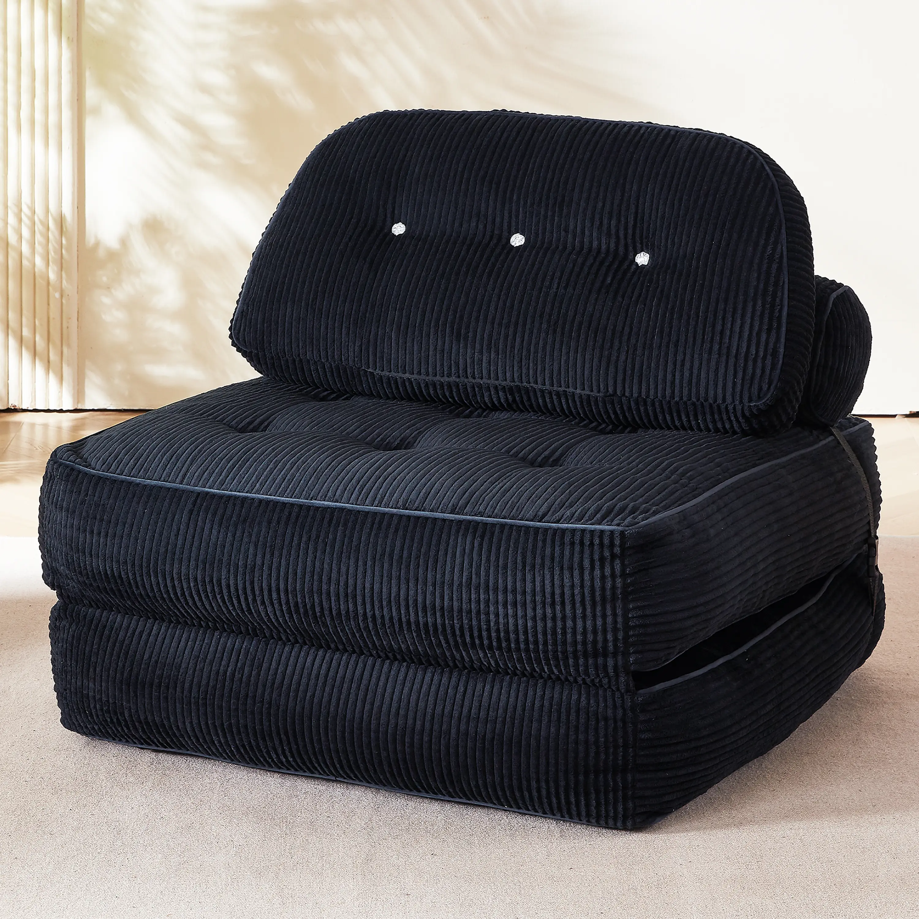 NESLAKO Minimalist Sofa Chair - Armless Comfy Couch with Cushion, Flannel Seat, Matching Ottoman, Mattress-Style Foam, Sturdy Removable Machine-Washable Cover, Convertible Sofa Bed, Stable Floor Grip for Living Room, Living Room Decor (Black)