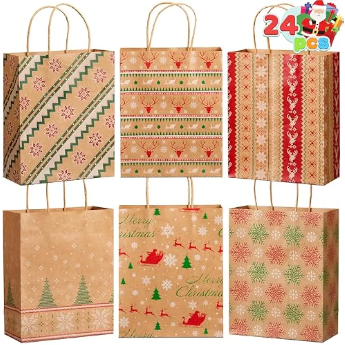 JOYIN 24 PCS Christmas Kraft Goody Bags with Handles, Holiday Paper Gift Bags for Wrapping Xmas Treat Candy, Wedding and Party Favors, Giant Gift Decorations, Classroom Use (9" x 7.3" x 3.3")