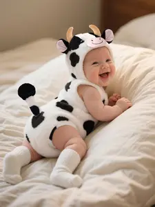 Adorable Baby Cow Plush Romper, Newborn Cartoon Hooded Crawler, Warm & Comfortable Daily Wear, Cute Design, Bodysuit Outfit