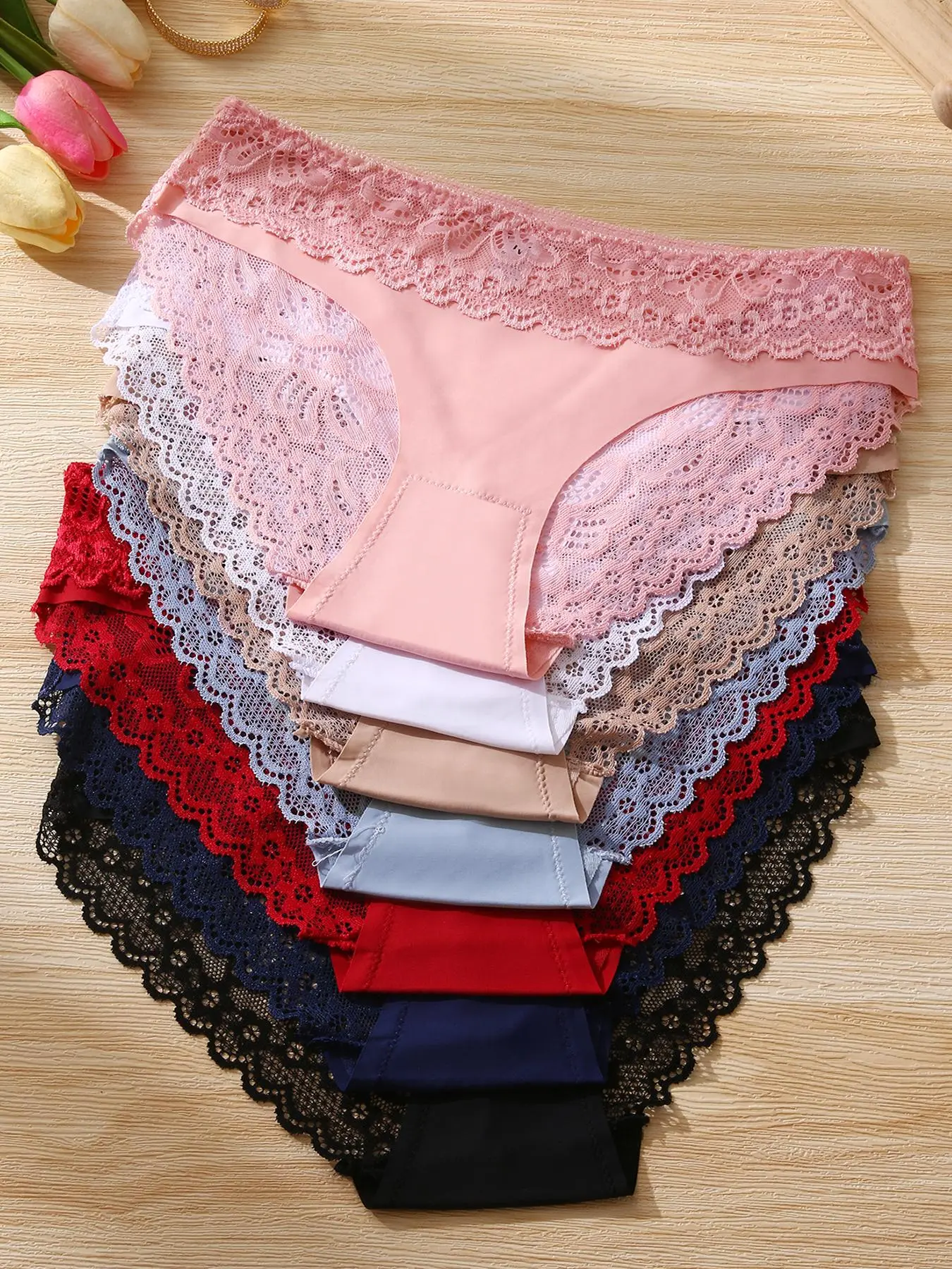 Women's Solid Color / Leopard Print Contrast Lace Scallop Trim Knicker, Drop Waist Panty, Lace Underwear Panties, Soft Comfy Breathable Fitted Basic Underwear for Daily Casual Wear, Feminine, Everyday Style, Womenswear, Fashion Breathable Underwear