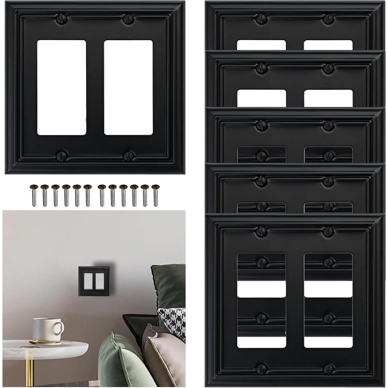 6 Pack metal outlet covers, Double Decorator outlet plate cover Modern Light  Covers decorative outlet covers electrical outlet cover plates for Kitchen Kitchen Bathroom(2 gang,black)