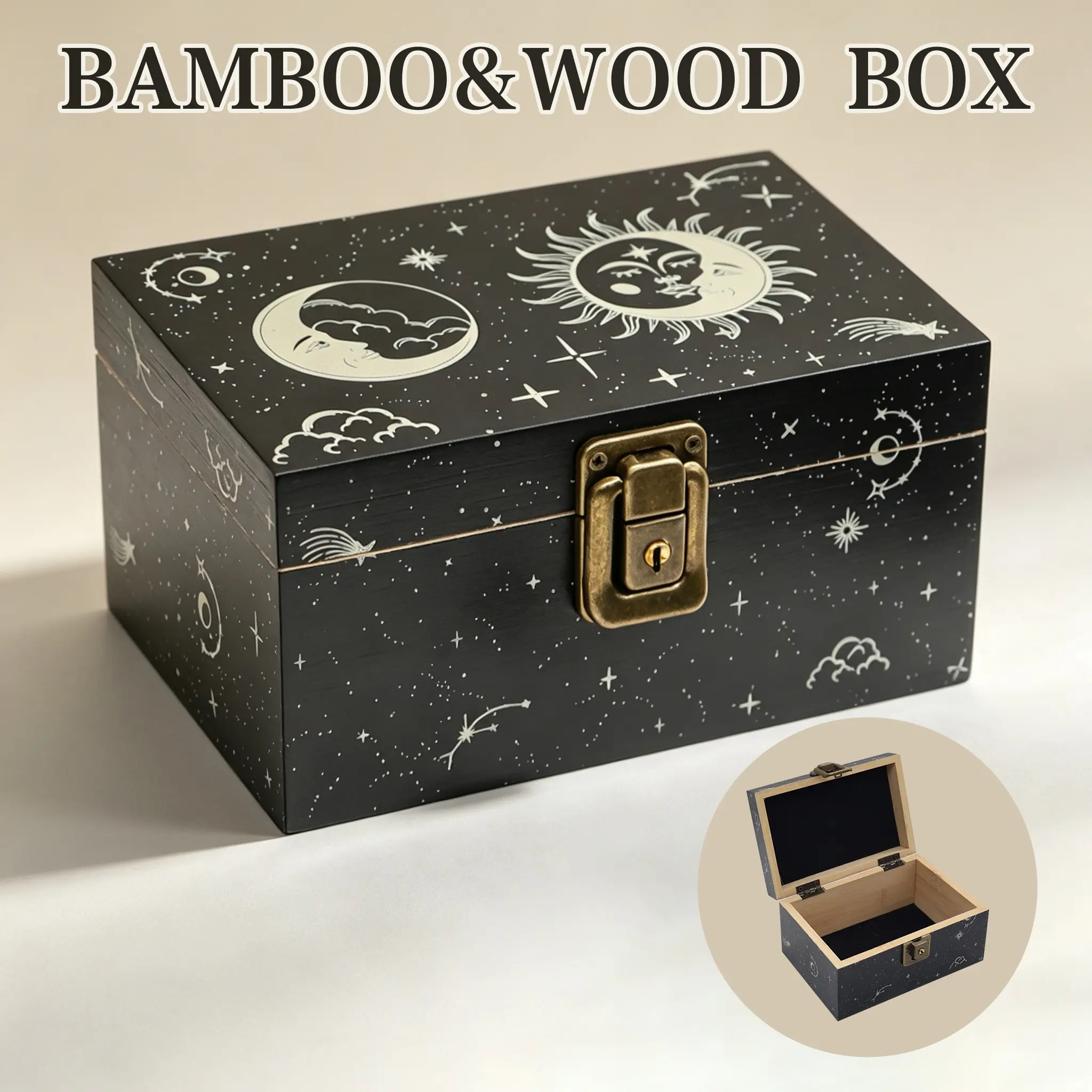 Lockable printed bamboo and wood storage box, multi-functional decorative commemorative gift box, desktop jewelry crystal tarot card storage box, portable personal item storage box, suitable for indoor and outdoor travel, holiday gift set.