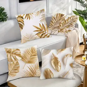 4pcs, New Art Golden Leaf, Feather Close-up, Delicate Texture Pattern Pillowcase, Home Textile, Waist, 45.01 X 45.01 cm, Room Decoration, Office Decoration, Living Room Decoration, Sofa Decoration, Without Pillow Core