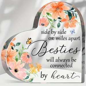 Long Distance Friendship Gifts for Bestie, Acrylic Heart Decor for Women, Going Away Gift for Friend, Female Floral Friendship Keepsake