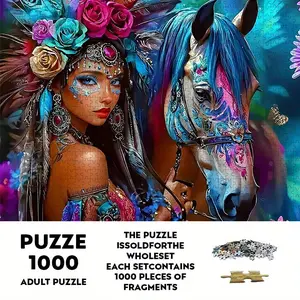 1000 Piece Large Size Paper Puzzle Set, Jigsaw Puzzles, Indian Girl Theme Unframed DIY Craft, Durable Seamless Design, Halloween Thanksgiving Easter Gift