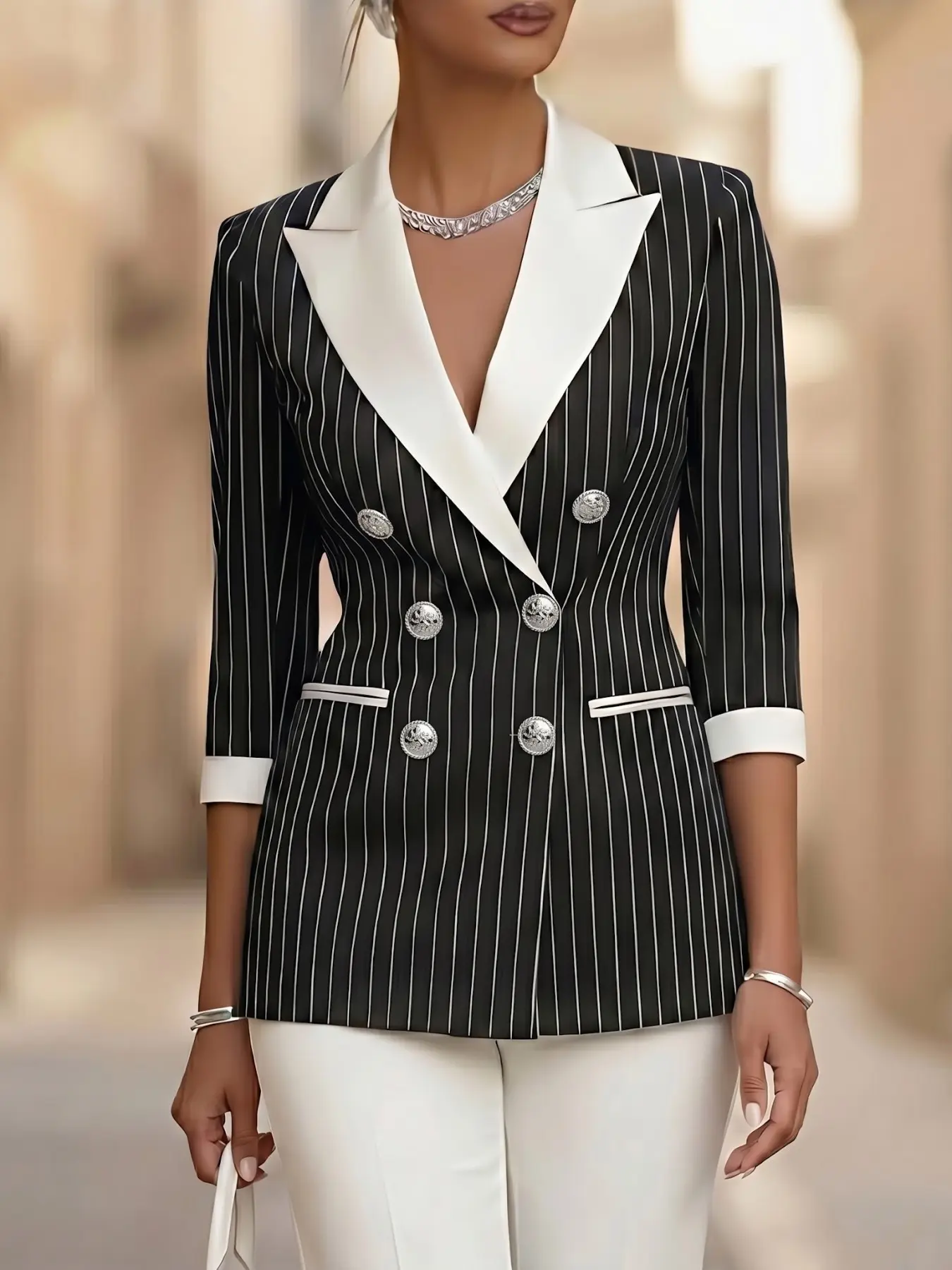 Women's and Striped Blazer, 2026 Spring Summer New Seven-Quarter Sleeve Double Button, Elegant Formal Commuter Jacket Polyester Fabric