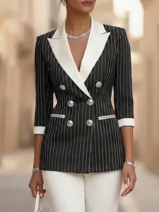 Women's and Striped Blazer, 2026 Spring Summer New Seven-Quarter Sleeve Double Button, Elegant Commuter Jacket Polyester