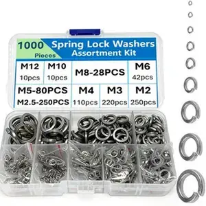 1000pcs Spring Lock Washers Assortment Kit, M2 M2.5 M3 M4 M5 M6 M8 M10 M12 Metric Split Lock Washer Set,Lock Washers for Screws Bolts