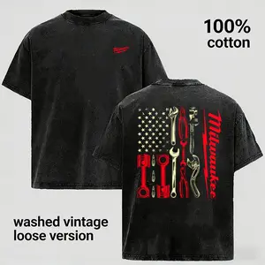 90s Retro Wrench Piston Graphic Tee Men 100% Cotton Washed Black T-Shirt Vintage Heavyweight Oversized Shirt Loose Fit Short Sleeve Tops Trendy Summer Casual Streetwear Hip Hop Aesthetic Patriot Male Fashion Clothing