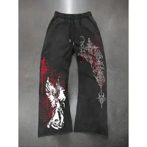 Men's Casual Loose-Fit Cotton Sweatpants, Angel Cross Print Drawstring Wide Leg Pants, All-Season Comfortable Men's Clothing