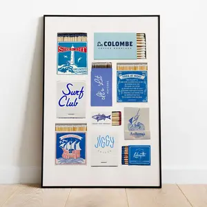 Blue Coastal Matches Poster, Trendy Vintage Matchbox Print, Retro Matchbook Wall Art, Gift For Husband